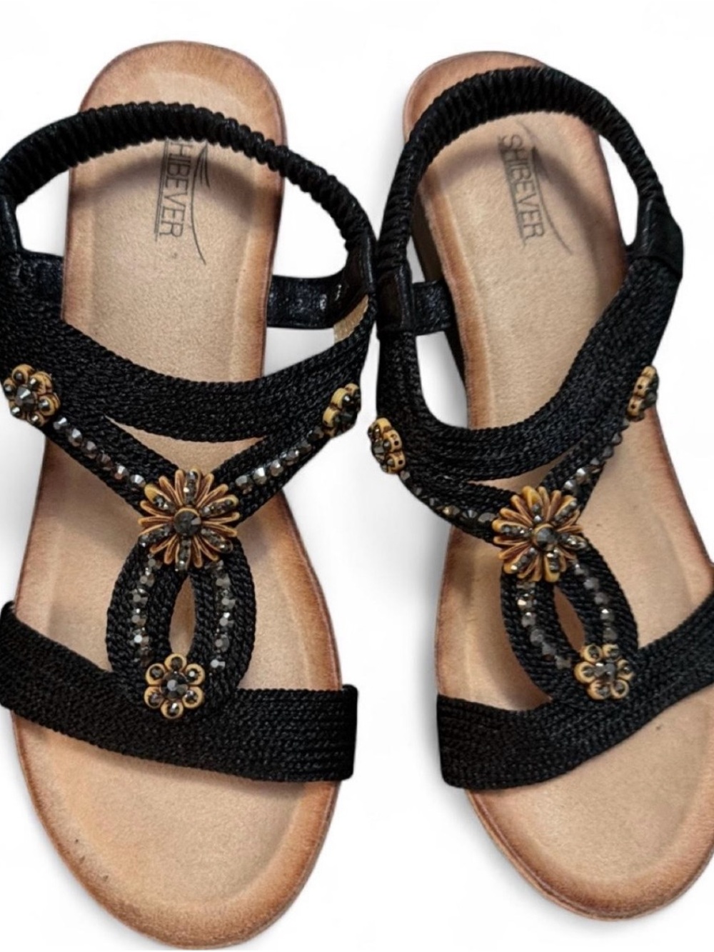 Forever 21 Black Sandals with Gold Floral Accents